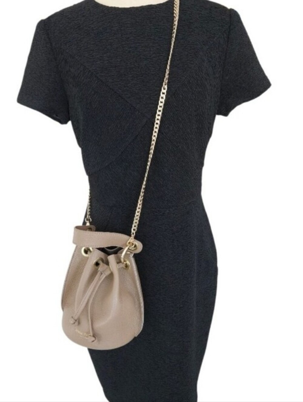 Anna Paola Crossbody Taupe Leather Drawstring Bucket Bag with   Chain Strap